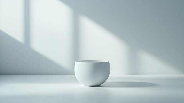 Minimalist white ceramic bowl on a surface with soft light and shadows in a serene interior