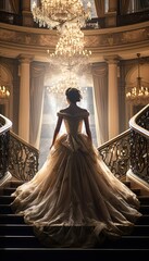 beautiful woman in a glamorous gown walking up the stairs, shot from behind