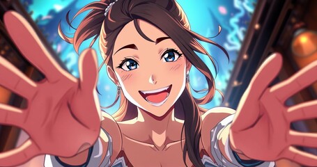 portrait of a woman with her hands raised