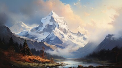 Obraz premium An expressive oil painting of a majestic mountain range, with swirling clouds and snow-capped peaks