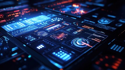 Obraz premium Futuristic interface displaying complex data analysis and processing information with holographic charts, graphs, and indicators, representing advanced technology and big data management