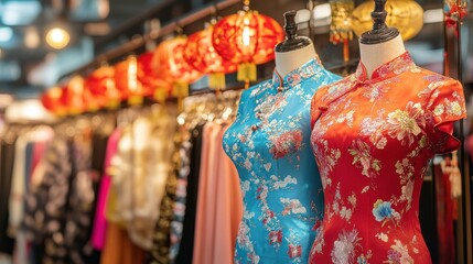 Fototapeta premium Vibrant Chinese Clothing on Mannequins Displayed Brightly