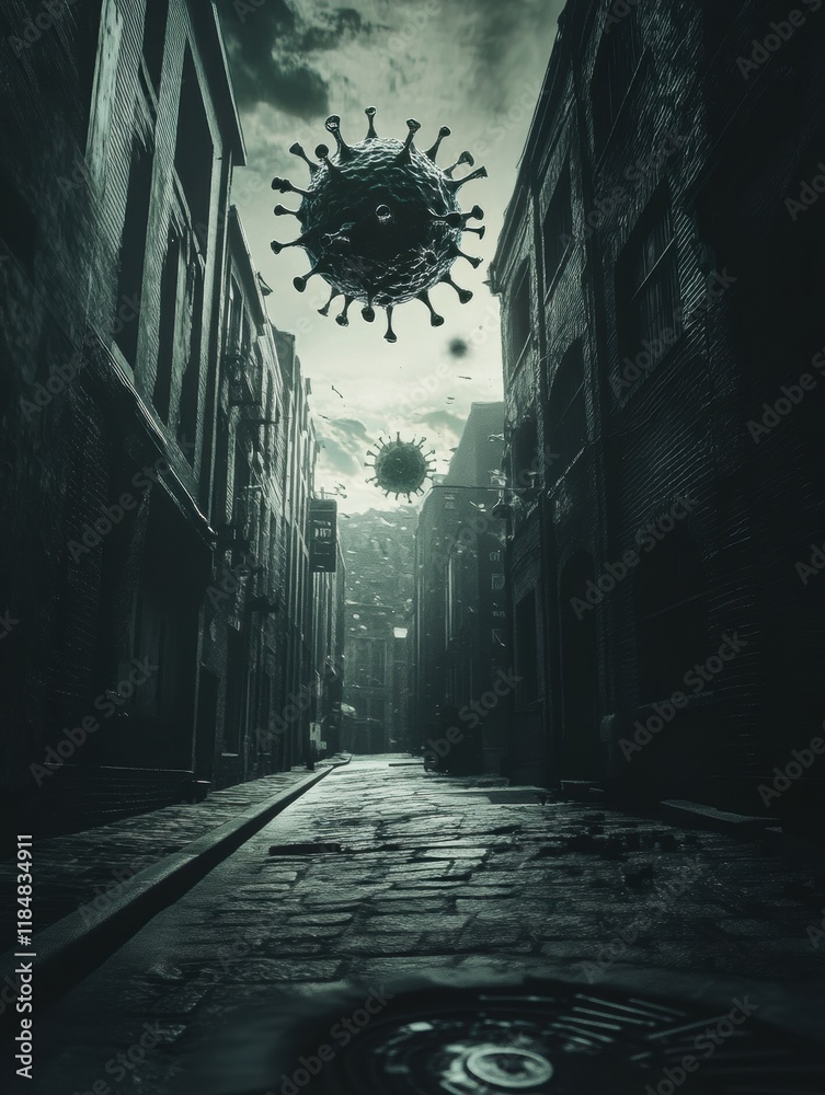 Poster Urban landscape reflecting isolation with symbolic virus representations hovering above empty street. Generative AI