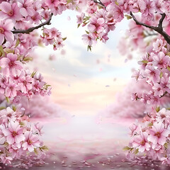 Obraz premium Stunning illustration of blooming cherry blossoms framing a serene pastel background, evoking spring beauty