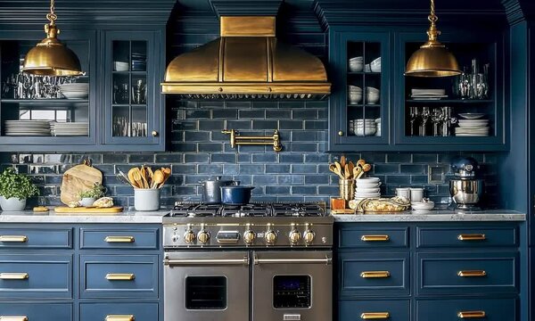 Modern kitchen design with blue cabinets and gold accents.