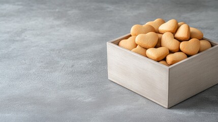 Heart-shaped gingerbread cookies arranged beautifully in a wooden box on a rustic table, ideal for a Valentine's Day celebration