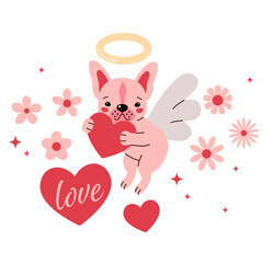 Design element for Valentine's day greeting card with French bulldog puppy. Cute design. Vector illustration. Dog. Funny french bulldog puppy. Cute dogs, hearts, flowers