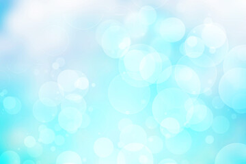 Abstract blurred fresh vivid spring summer light delicate pastel blue turquoise white bokeh background texture with bright circular soft color lights. Card concept. Beautiful backdrop illustration.