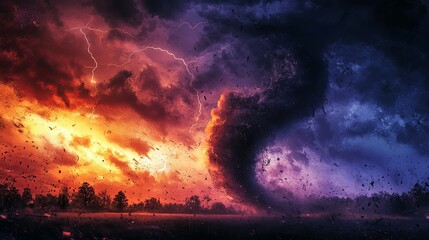 Fototapeta premium Dramatic storm at sunset, powerful tornado