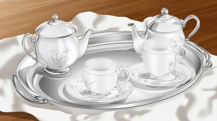 Elegant Silver Tea Set on a Tray - Detailed Illustration