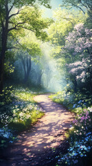 A serene spring path surrounded by fresh green trees and vibrant wildflowers, bathed in dappled sunlight
