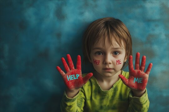 Young caucasian child with "help me" painted on hands against a blue background - Powered by Adobe