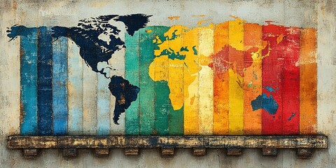 Fototapeta premium Colorful mural showcasing the world map on distressed wooden planks against a textured wall