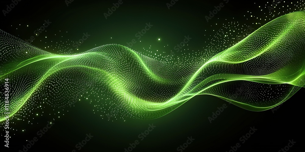 Poster Waves of green light swirl dynamically across a dark background creating an abstract visual experience