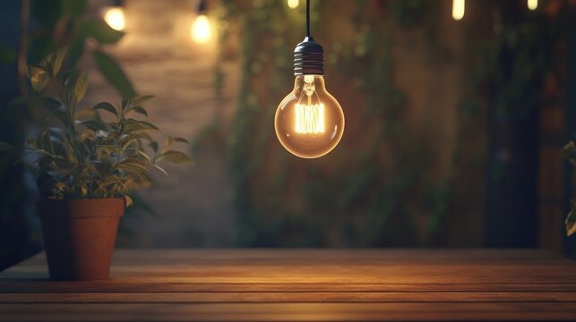 Glowing Edison bulb hanging over wooden table with potted plant, warm light ambiance. - Powered by Adobe