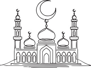 Traditional Mosque Line Art Illustration. Vector Design