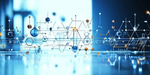 Molecular structures and scientific elements are displayed in a modern laboratory setting with vibrant colors and lights