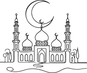 Traditional Mosque Line Art Illustration. Vector Design