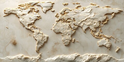 Detailed topographic relief world map with golden highlights on textured surface