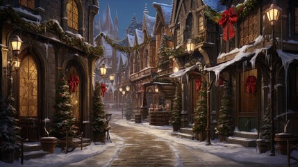 Fototapeta premium A charming and festive winter street scene, featuring quaint European-style buildings adorned with rich greenery and red bows. Softly glowing street lamps illuminate the cobblestone pathway, which win