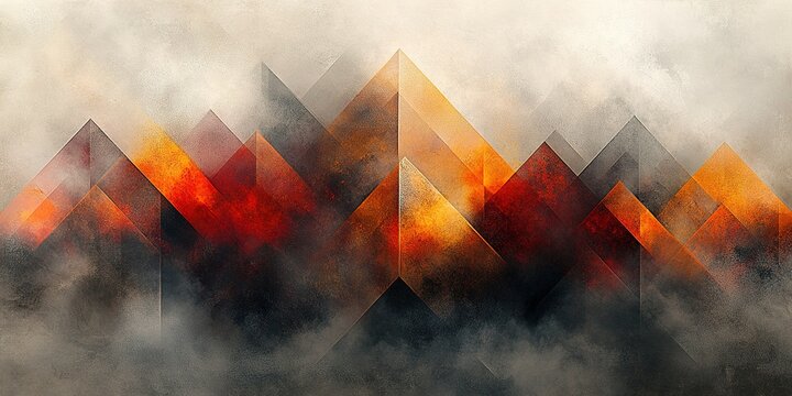 Abstract depiction of fiery mountains contrasting with mist creating a dramatic landscape