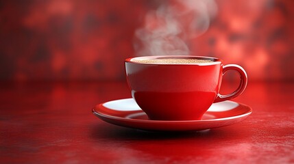Fototapeta premium Steaming hot coffee in a red cup on a red saucer.