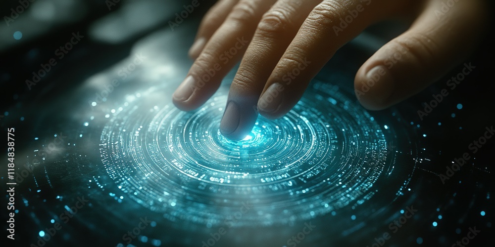 Poster touching a luminous interface with swirling data patterns in a futuristic setting