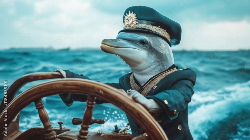 Poster dolphin dressed as a ship captain navigates the ocean with a ships wheel on a bright sunny day. gene
