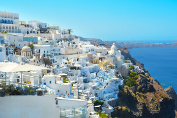 Fira capital of Santorini island, Greece . View of traditional white architecture of Santorini, Cyclades islands Aegean sea.