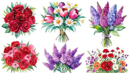 Six Watercolor Floral Bouquets Roses Tulips Lilacs Carnations Spring Summer Romance
