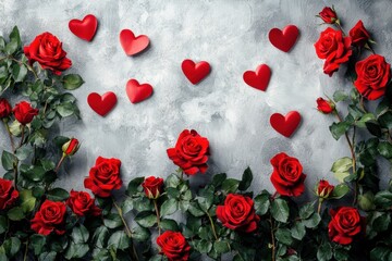 Red roses and hearts creating a Valentine's Day frame on gray background