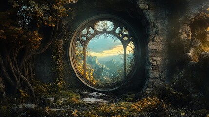 A mystical scene featuring an intricately designed circular window embedded in a weathered stone wall, framed by dense foliage and ancient roots. The window reveals a breathtaking landscape of rolling