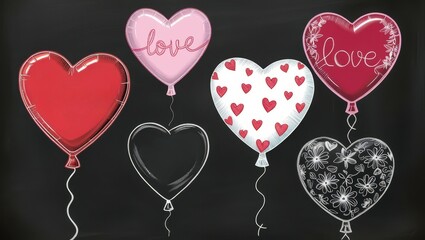 Chalkboard Drawing of Six Heart Shaped Balloons for Valentine s Day
