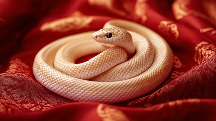Fototapeta premium Elegant Snake on Red Silk with Ornate Patterns