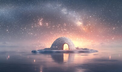 Obraz premium Igloo on icy lake under starry sky.