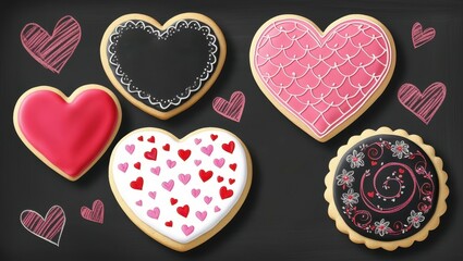 Fototapeta premium Delicious Valentine s Day Heart Shaped Cookies Assorted Designs Sweet Treats