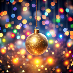 Fototapeta premium Golden Christmas ornament against bokeh lights.