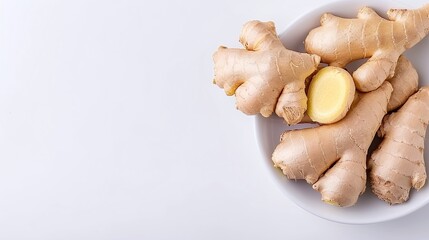 Fototapeta premium Fresh ginger roots in a white bowl on a white background, isolated spice composition, minimalistic organic ingredient, healthy natural produce, top view with copy space