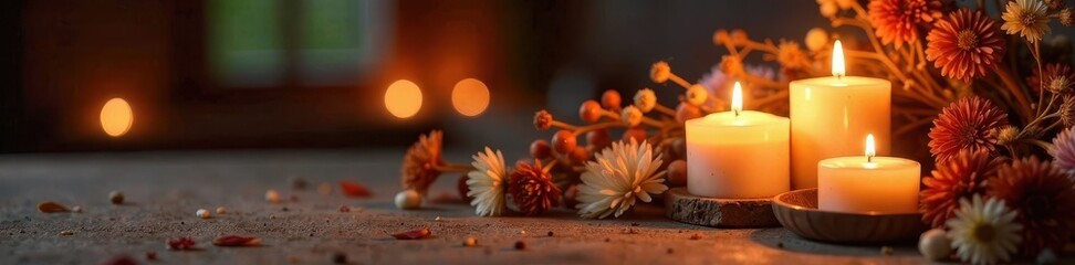 Dried flowers and candles in a warm and cozy setting, bokeh background, bohemian diwali decor, indian festival decorations