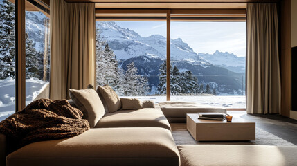 Fototapeta premium Modern living room interior with snow mountain window view. Winter holiday luxury aesthetic