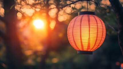 Fototapeta premium Glowing Lanterns in a Tranquil Garden Setting at Dusk
