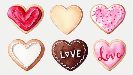 Obraz premium Delicious Valentine s Day Heart Shaped Cookies Assorted Flavors and Decorations Watercolor