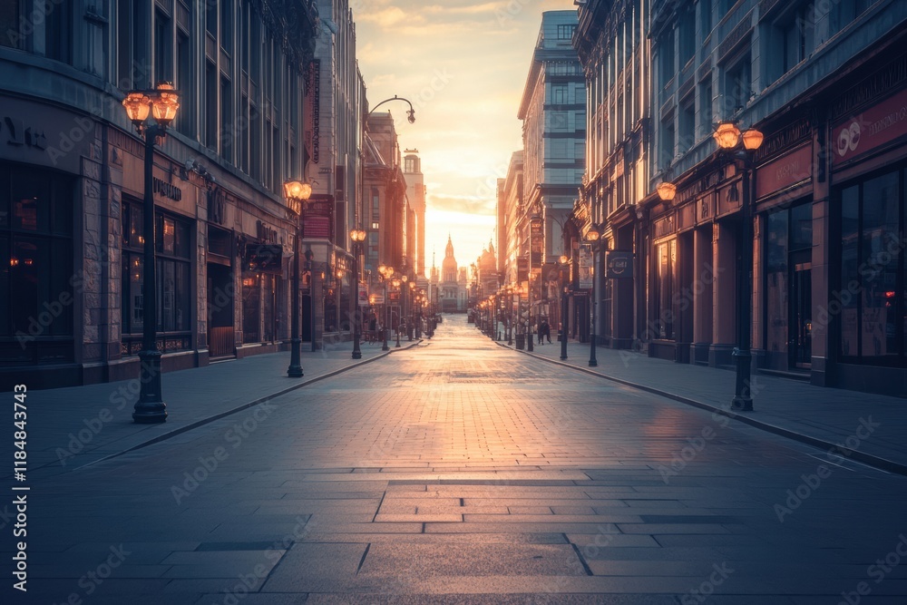 Aufkleber empty urban street at sunset with symbolic virus motif reflecting the quietness of a city facing cha