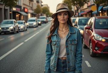 Fototapeta premium Woman in Denim Jacket and Fedora on City Street
