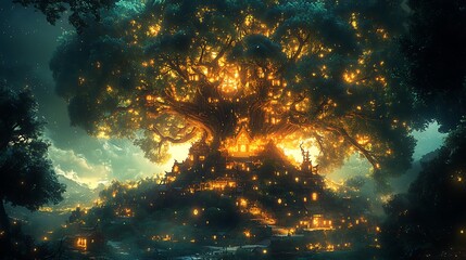Obraz premium Enchanting Village Nestled Within A Gigantic Illuminated Tree