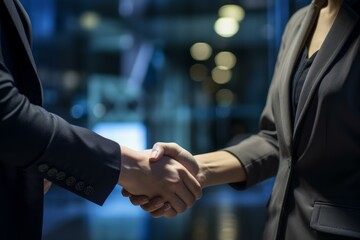 Two businesspeople shaking hands in a modern office at night, concluding a successful deal