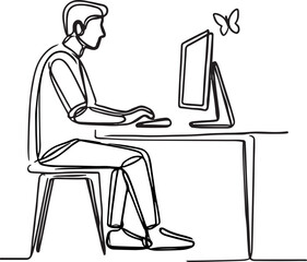Man Working on Computer Line Art Vector Design