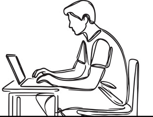 Man Working on Computer Line Art Vector Design