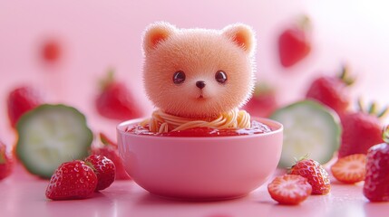 Cute teddy bear in pink bowl of strawberry spaghetti.
