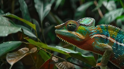 Fototapeta premium A vibrant chameleon perched among lush green leaves in a tropical environment.